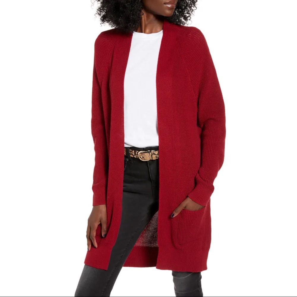 Nordstrom BP Longline Open Cardigan — Red
